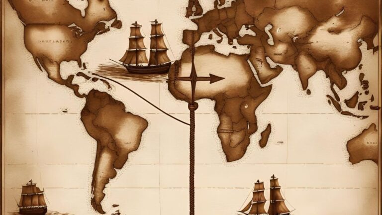 Un mapamundi con rutas marítimas y barcos entre España y América representando su relación en la modernidad.