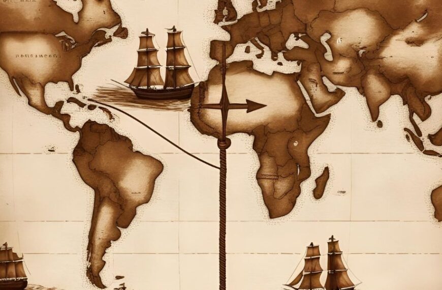 Un mapamundi con rutas marítimas y barcos entre España y América representando su relación en la modernidad.