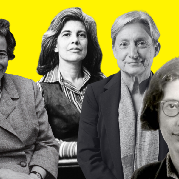 Collage de fotografías de Susan Sontag, Hannah Arendt, Judith Butler y Simone Weil sobre un fondo amarillo.