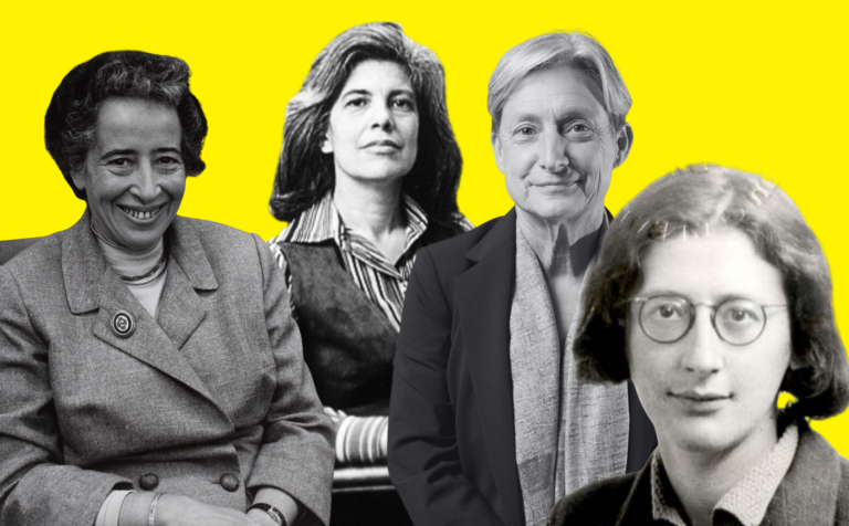 Collage de fotografías de Susan Sontag, Hannah Arendt, Judith Butler y Simone Weil sobre un fondo amarillo.