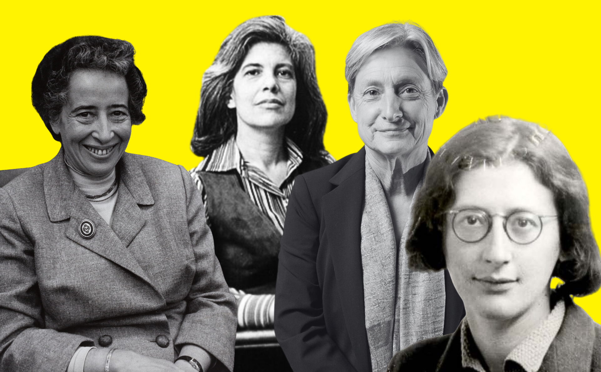 Collage de fotografías de Susan Sontag, Hannah Arendt, Judith Butler y Simone Weil sobre un fondo amarillo.