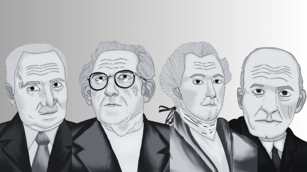 De izda. a dcha., Heidegger, Bueno, Kant y Ortega. Ilustraciones de Sara Vaquero hechas para la revista impresa FILOSOFÍA&CO número 4.