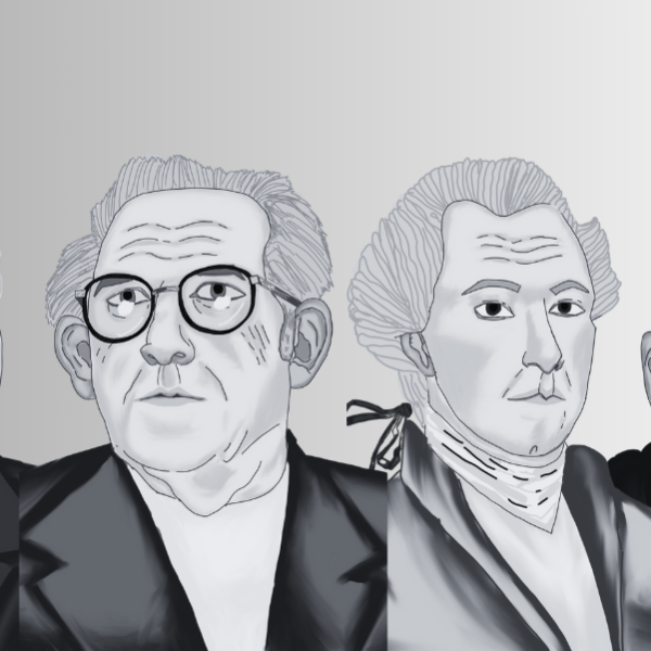 De izda. a dcha., Heidegger, Bueno, Kant y Ortega. Ilustraciones de Sara Vaquero hechas para la revista impresa FILOSOFÍA&CO número 4.