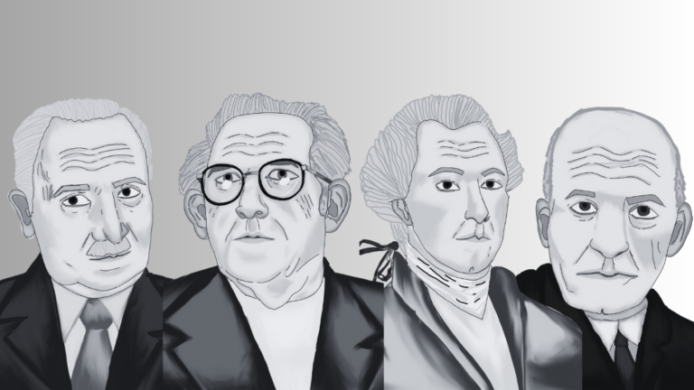 De izda. a dcha., Heidegger, Bueno, Kant y Ortega. Ilustraciones de Sara Vaquero hechas para la revista impresa FILOSOFÍA&CO número 4.