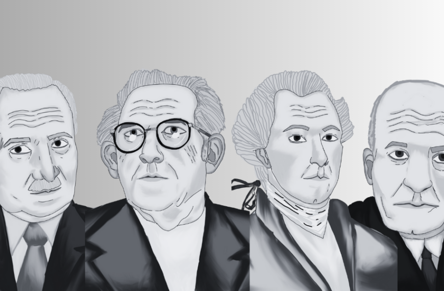 De izda. a dcha., Heidegger, Bueno, Kant y Ortega. Ilustraciones de Sara Vaquero hechas para la revista impresa FILOSOFÍA&CO número 4.