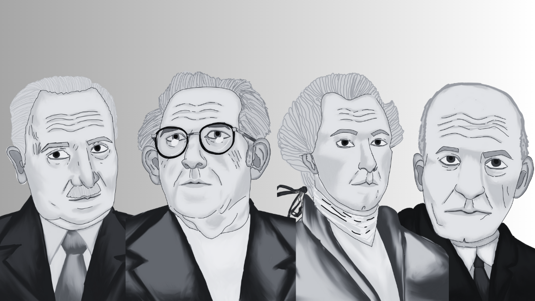 De izda. a dcha., Heidegger, Bueno, Kant y Ortega. Ilustraciones de Sara Vaquero hechas para la revista impresa FILOSOFÍA&CO número 4.