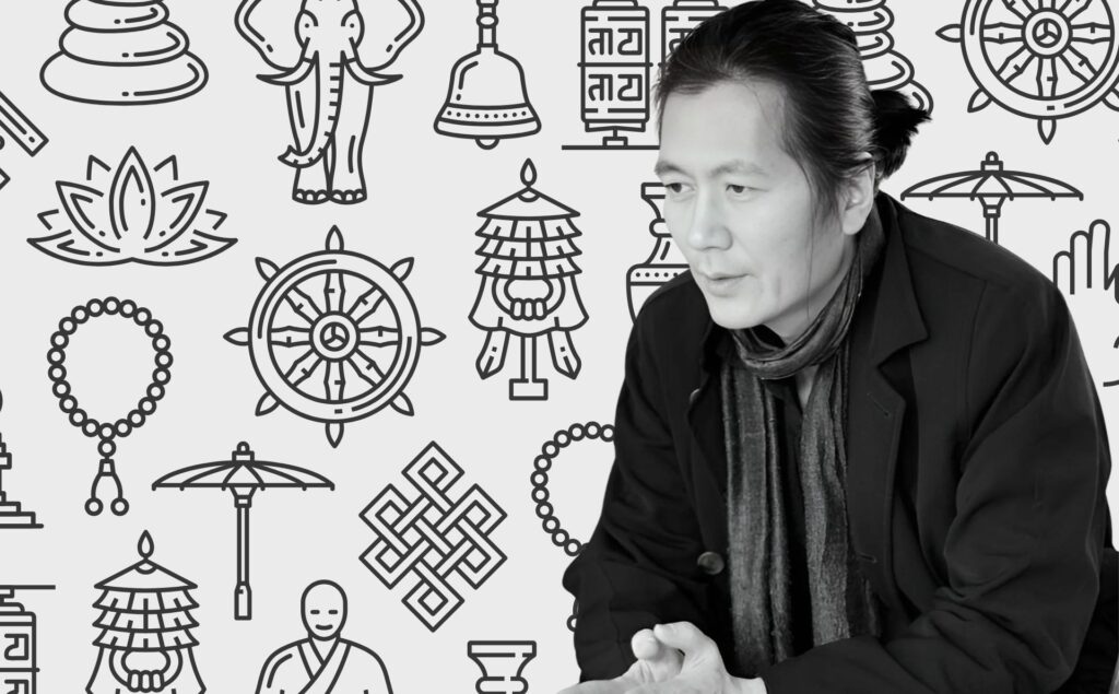 En «Filosofía del budismo zen», Byung-Chul Han aborda su propuesta para la emancipación. Diseño realizado a partir de la fotografía del filósofo surcoreano Byung-Chul Han realizada por Isabella Gresser y los elementos de collage de Freepiks (CC.).