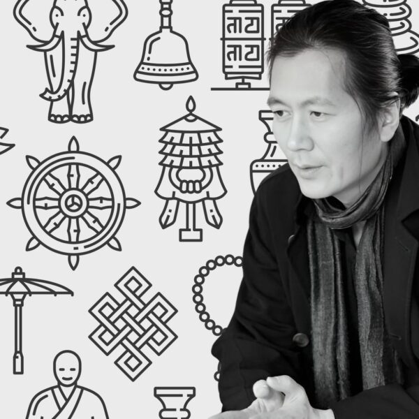 En «Filosofía del budismo zen», Byung-Chul Han aborda su propuesta para la emancipación. Diseño realizado a partir de la fotografía del filósofo surcoreano Byung-Chul Han realizada por Isabella Gresser y los elementos de collage de Freepiks (CC.).