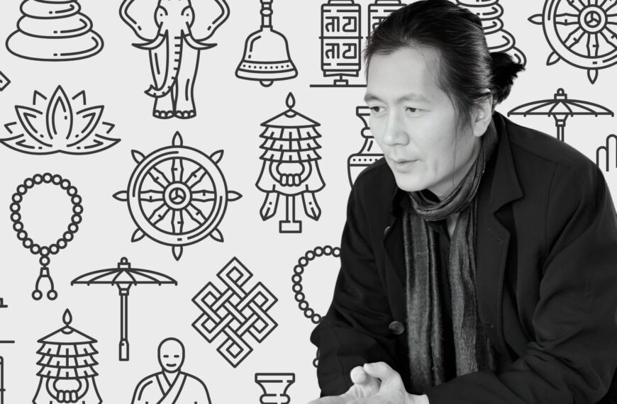 En «Filosofía del budismo zen», Byung-Chul Han aborda su propuesta para la emancipación. Diseño realizado a partir de la fotografía del filósofo surcoreano Byung-Chul Han realizada por Isabella Gresser y los elementos de collage de Freepiks (CC.).