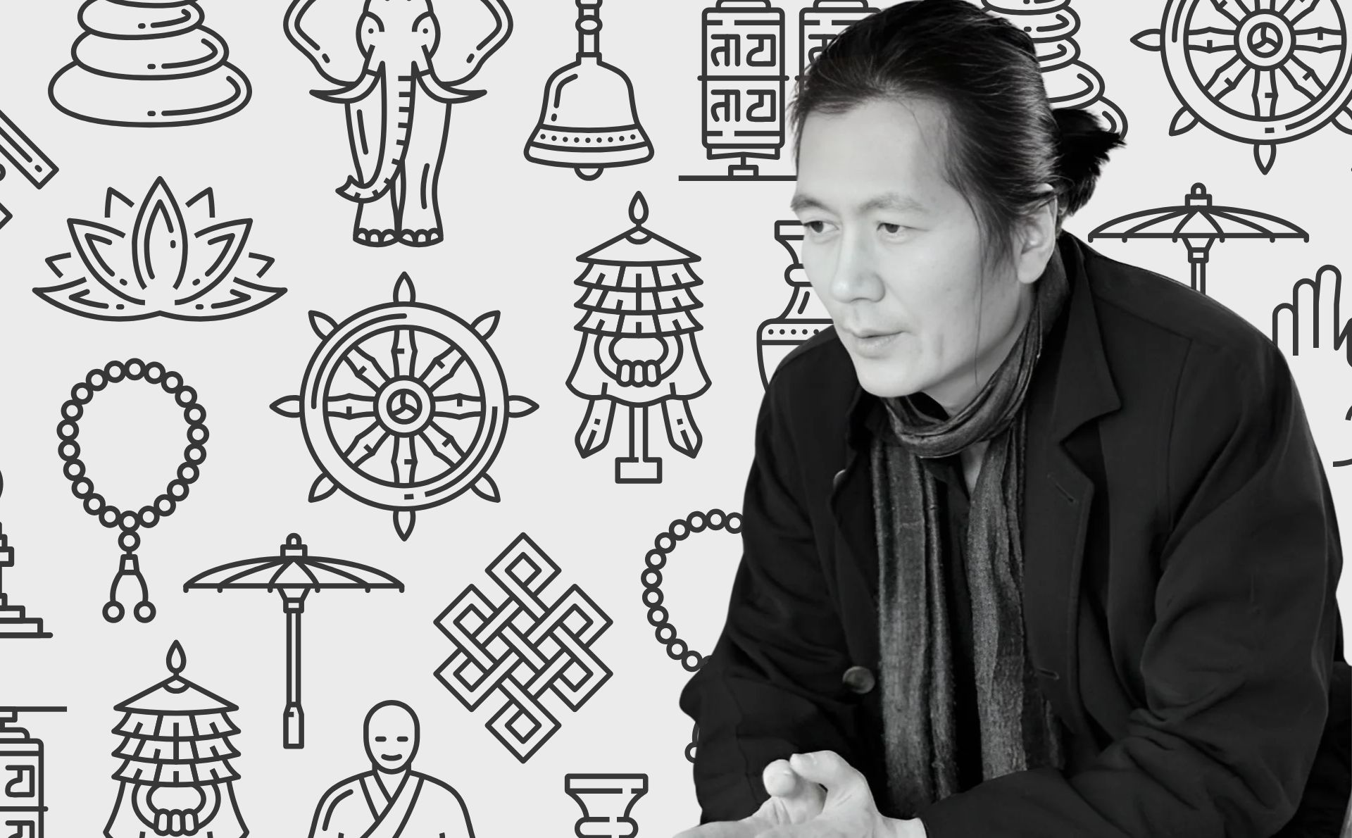 En «Filosofía del budismo zen», Byung-Chul Han aborda su propuesta para la emancipación. Diseño realizado a partir de la fotografía del filósofo surcoreano Byung-Chul Han realizada por Isabella Gresser y los elementos de collage de Freepiks (CC.).