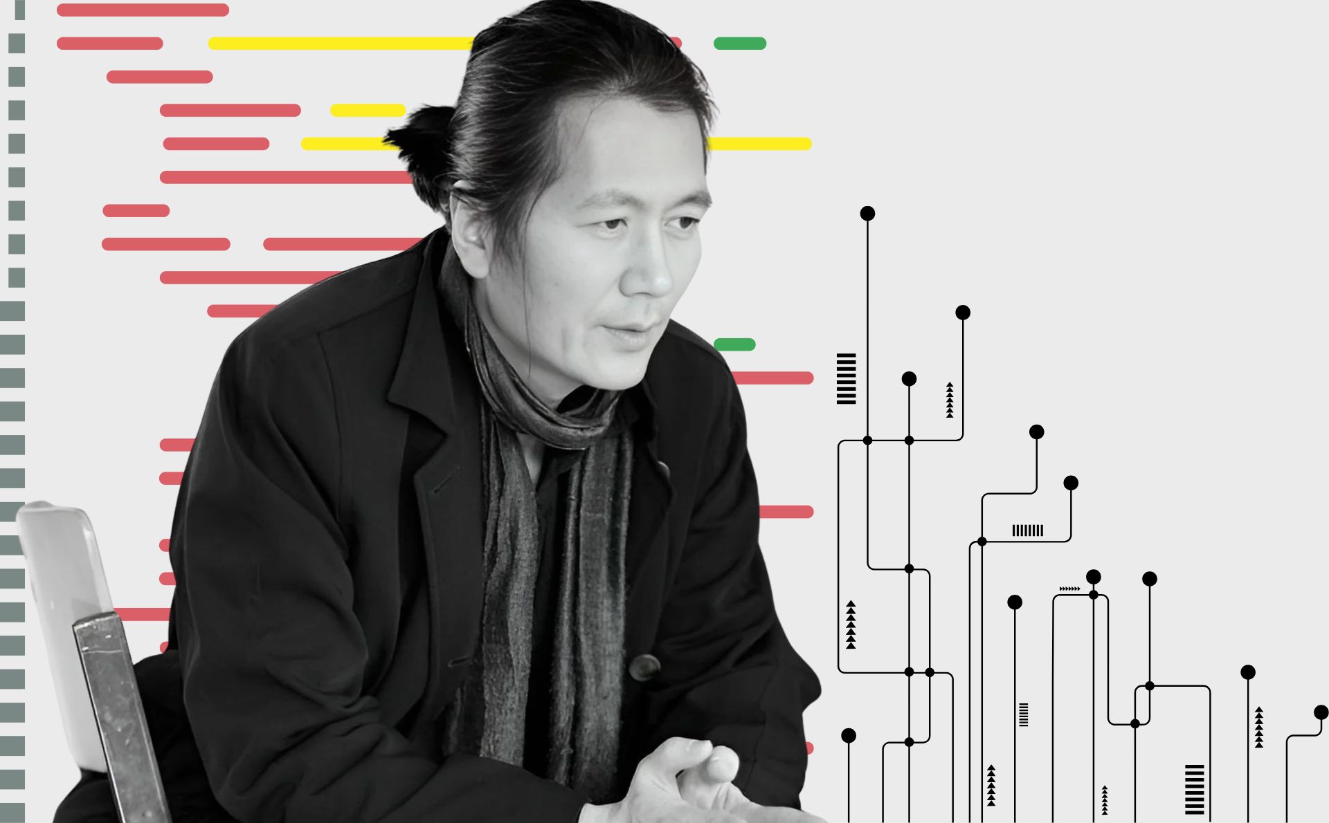 Byung-Chul Han analiza la sociedad en la que vivimos, definiéndonos como seres digitales. Amado y odiado a partes iguales, Byung-Chul Han es un filósofo ineludible. Diseño realizado a partir de la fotografía del filósofo surcoreano Byung-Chul Han realizada por Isabella Gresser y los elementos de collage de Freepiks (CC.).