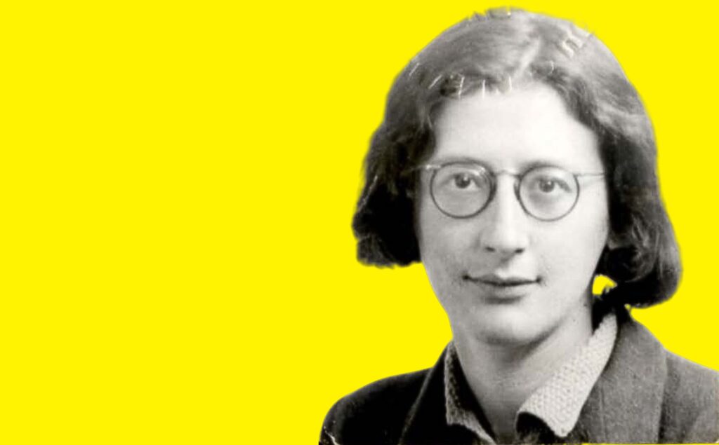Simone Weil integró de forma intensa la reflexión de la guerra y su discurso que ubica al otro ser humano como enemigo. Diseño a partir de imagen de Simone Weil de 1943, extraída de Wikimedia Commons (Dominio Público).