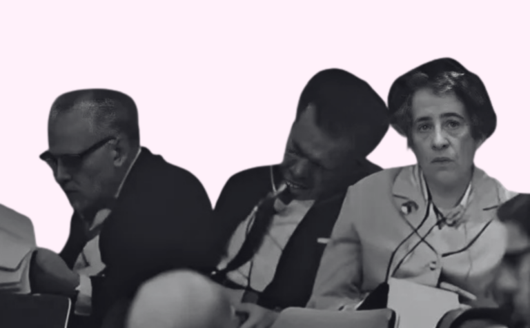 Diseño realizado a partir de la fotografía de Hannah Arendt en Jerusalén durante el juicio de Adolf Eichmann en 1961; imagen de dominio público ampliada con inteligencia artificial.