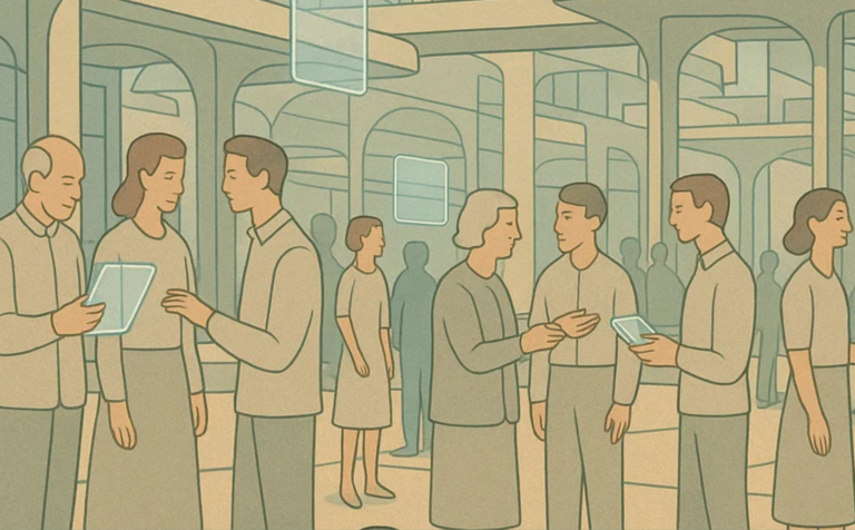 La propuesta de Ferraris no pasa por retroceder a un paso pretecnológico, sino organizar la tecnología para ser libres. Imagen de Sora (26/09/2025).
