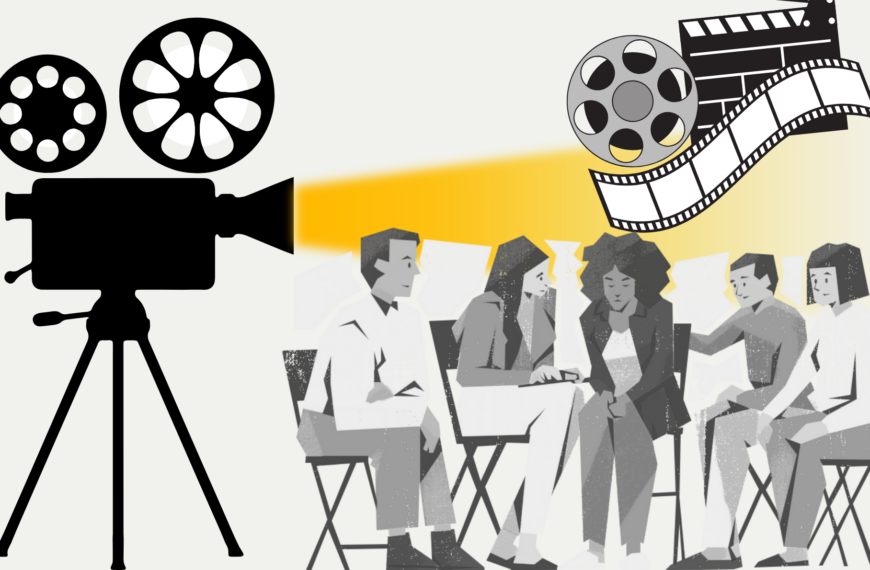 Diseño con Ilustraciones de cámara de cine y personas sentadas.