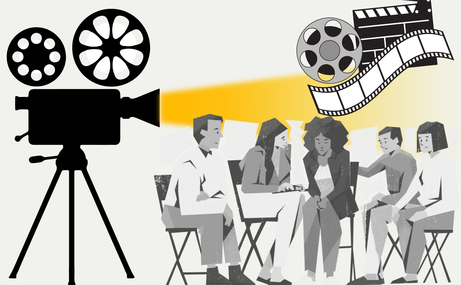 Diseño con Ilustraciones de cámara de cine y personas sentadas.