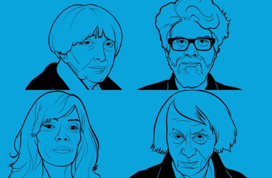 Ilustraciones de Adriana Cavarero (arriba izda.), Panyak Mishra (arriba dcha.), Camila Sosa Villada (abajo izda.) y Michel Houellebecq (abajo dcha).