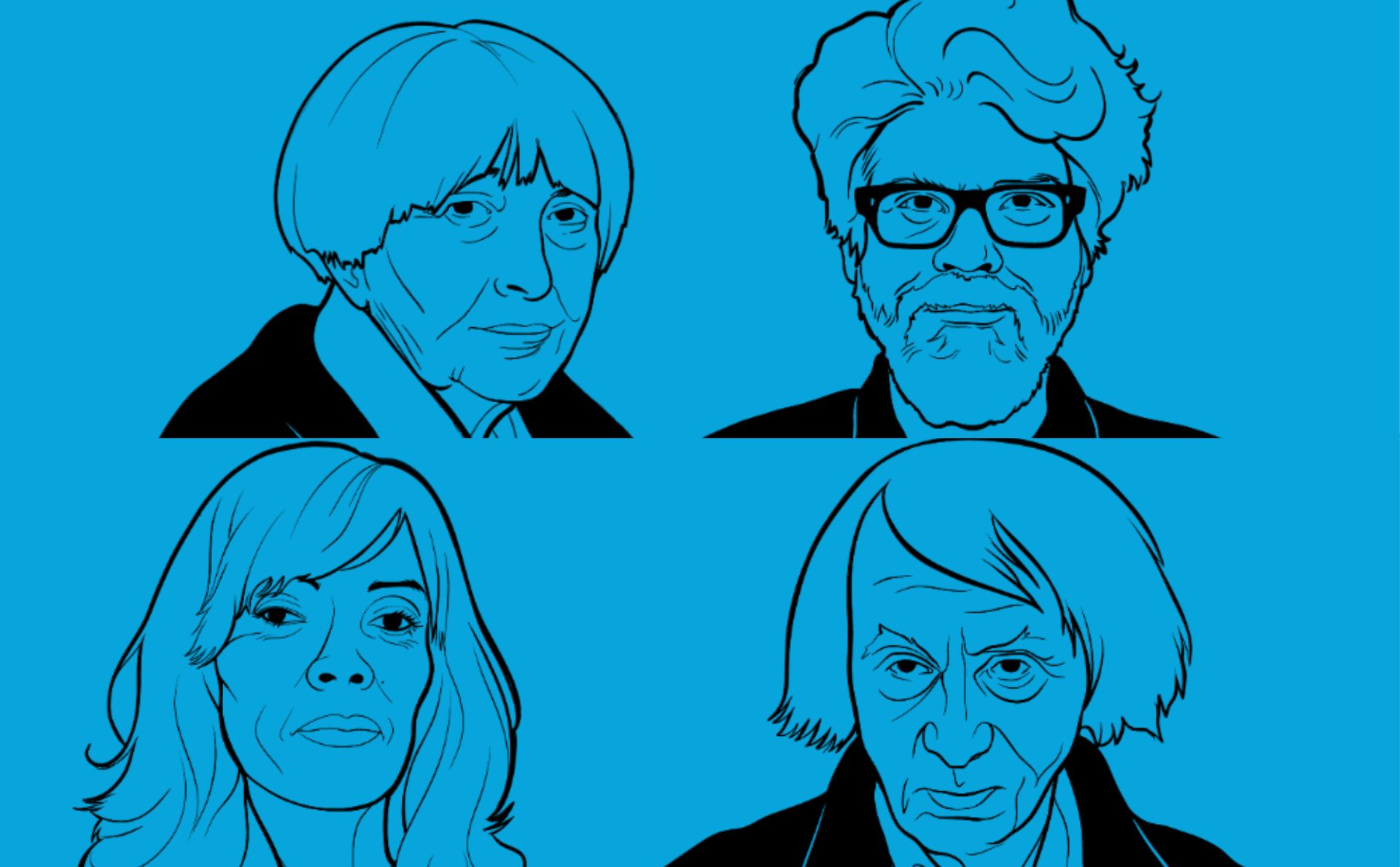 Ilustraciones de Adriana Cavarero (arriba izda.), Panyak Mishra (arriba dcha.), Camila Sosa Villada (abajo izda.) y Michel Houellebecq (abajo dcha).