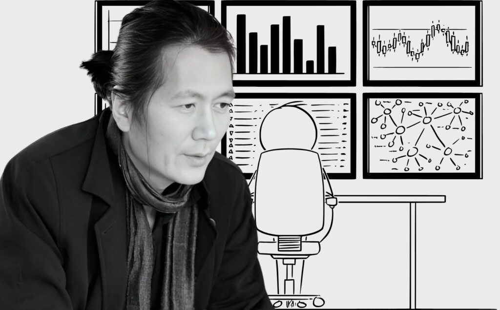 La filosofía haniana, de Byung-Chul Han radiografía nuestro presente. Diseño realizado a partir de la fotografía del filósofo surcoreano Byung-Chul Han realizada por Isabella Gresser y los elementos de collage de Freepiks (CC.).