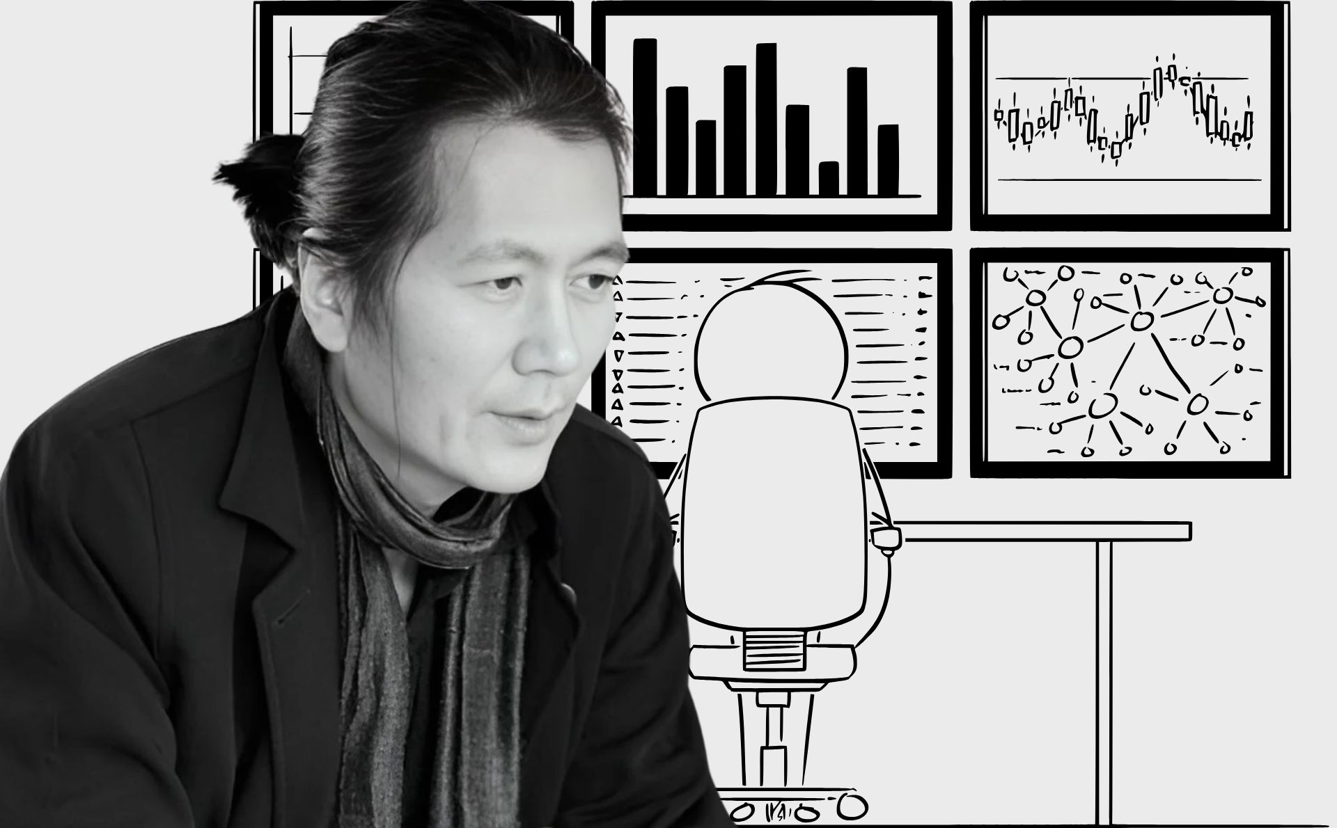 La filosofía haniana, de Byung-Chul Han radiografía nuestro presente. Diseño realizado a partir de la fotografía del filósofo surcoreano Byung-Chul Han realizada por Isabella Gresser y los elementos de collage de Freepiks (CC.).
