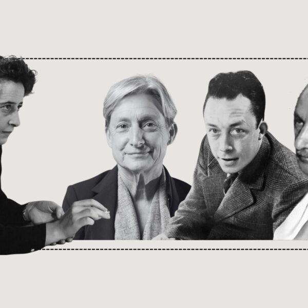Existen numerosas resonancias entre el pensamiento de Arendt y Heidegger, Camus y Butler. De izquierda a derecha: Hannah Arendt (imagen de dominio público), Judith Butler (CCCB, licencia CC BY-SA 4.0), Albert Camus (extraída de Wikimedia Commons, dominio público) y Martin Heidegger (Wikimedia Commons, CC BY-SA 3.0).