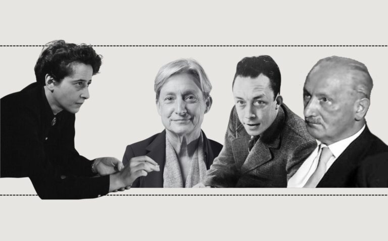 Página de Inicio 2025 Existen numerosas resonancias entre el pensamiento de Arendt y Heidegger, Camus y Butler. De izquierda a derecha: Hannah Arendt (imagen de dominio público), Judith Butler (CCCB, licencia CC BY-SA 4.0), Albert Camus (extraída de Wikimedia Commons, dominio público) y Martin Heidegger (Wikimedia Commons, CC BY-SA 3.0).