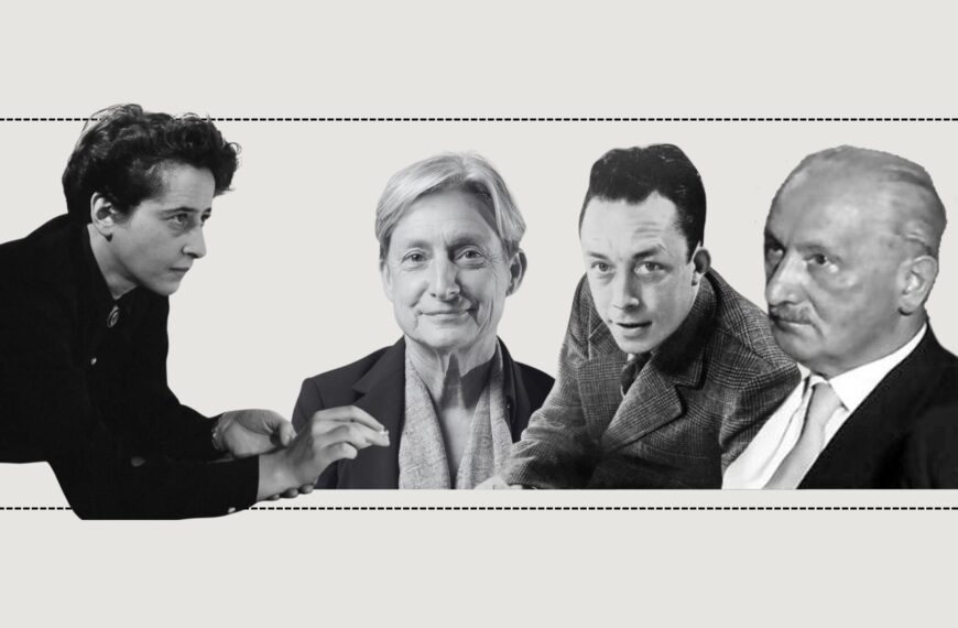 Existen numerosas resonancias entre el pensamiento de Arendt y Heidegger, Camus y Butler. De izquierda a derecha: Hannah Arendt (imagen de dominio público), Judith Butler (CCCB, licencia CC BY-SA 4.0), Albert Camus (extraída de Wikimedia Commons, dominio público) y Martin Heidegger (Wikimedia Commons, CC BY-SA 3.0).