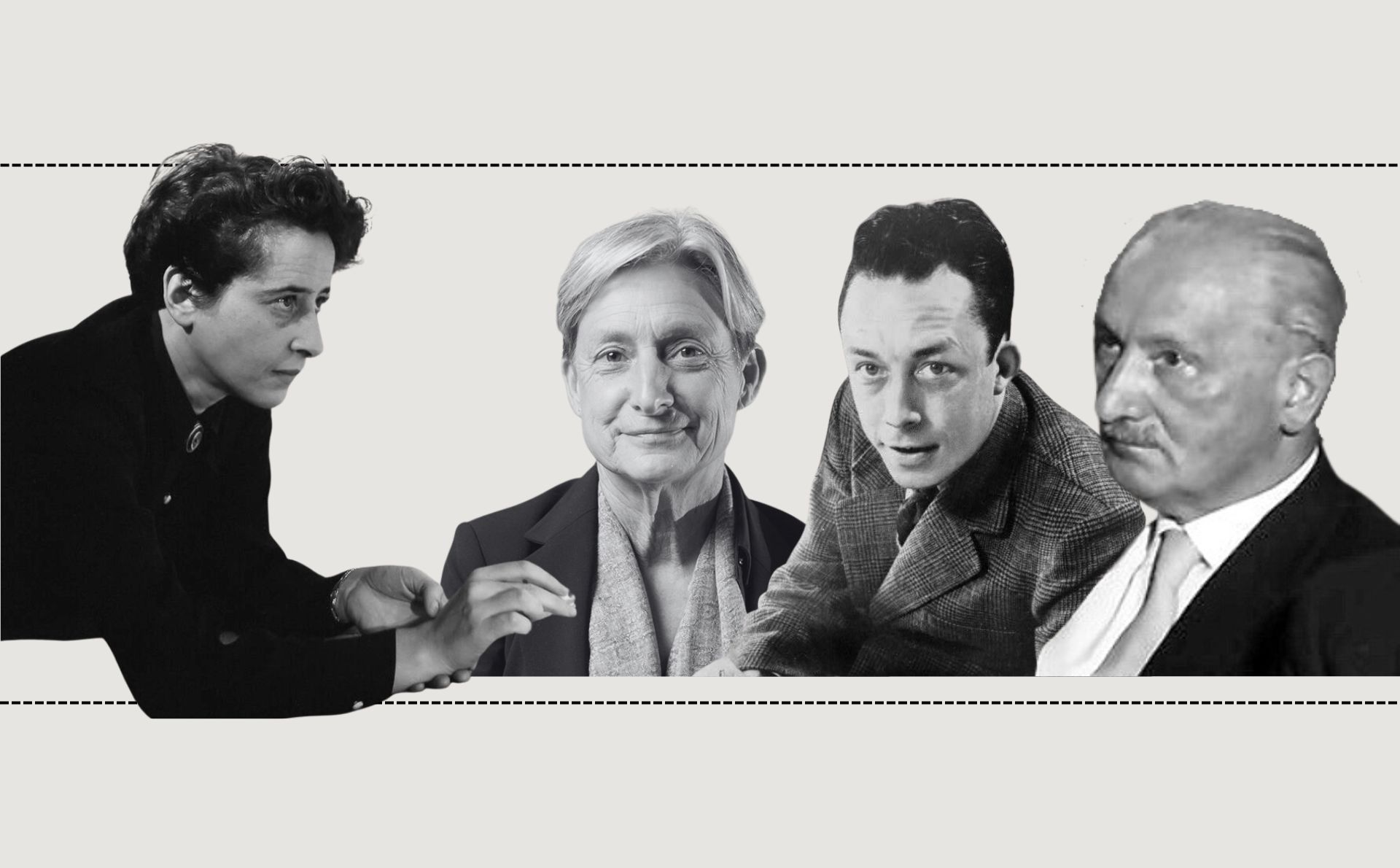 Existen numerosas resonancias entre el pensamiento de Arendt y Heidegger, Camus y Butler. De izquierda a derecha: Hannah Arendt (imagen de dominio público), Judith Butler (CCCB, licencia CC BY-SA 4.0), Albert Camus (extraída de Wikimedia Commons, dominio público) y Martin Heidegger (Wikimedia Commons, CC BY-SA 3.0).