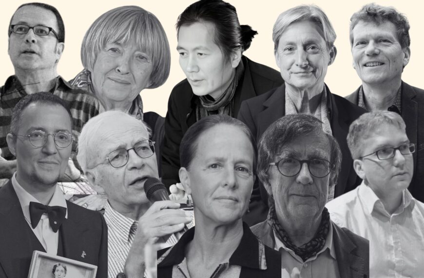 En la fila de arriba, y de izquierda a derecha: Manuel de Landa (extraída de Wikimedia Commons, de Gabriel Donoso Umaña, licencia CC BY-SA 4.0), Adriana Cavarero (imagen de Alessandra Bochetti, cedida, todos los derechos reservados), Byung-Chul Han (imagen de Isabella Gresser, cedida, todos los derechos reservados), Judit Butler (CCCB, licencia CC BY-SA 4.0) y Hartmut Rosa (Encuentros de Pamplona, cedida, todos los derechos reservados). En la fila de abajo, y de izquierda a derecha: Paul B. Preciado (extraída de Wikimedia Commons, de Elena Ternovaja, licencia CC BY-SA 3.0), Peter Singer (extraída de Wikimedia Commons, licencia CC BY 2.0), Wendy Brown (extraída de Wikimedia Commons, de Politikundtheorie, licencia CC BY-SA 4.0), Bruno Latour (extraída de Wikimedia Commons, de KOKUYO, licencia CC BY-SA 4.0) y Mark Fisher (extraída de Wikimedia Commons, licencia CC BY-SA 2.0).