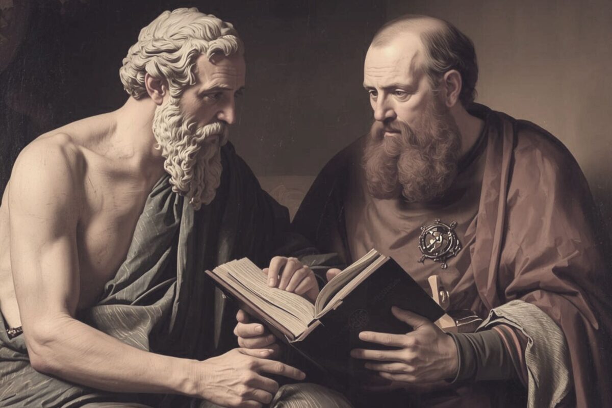 Platón y san Agustín son dos autores entre los que existen bastantes hilos de continuidad, pero también importantes diferencias. La imagen está generada por Canva Pro y muestra el encuentro ficticio entre los dos filósofos, que no pudo darse porque vivieron con una diferencia de varios siglos.