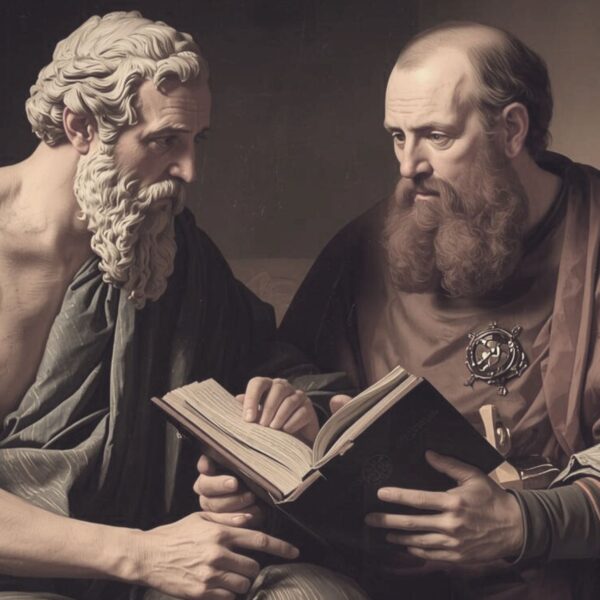 Platón y san Agustín son dos autores entre los que existen bastantes hilos de continuidad, pero también importantes diferencias. La imagen está generada por Canva Pro y muestra el encuentro ficticio entre los dos filósofos, que no pudo darse porque vivieron con una diferencia de varios siglos.