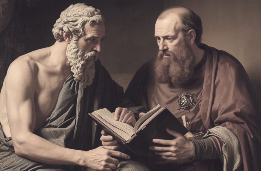 Platón y san Agustín son dos autores entre los que existen bastantes hilos de continuidad, pero también importantes diferencias. La imagen está generada por Canva Pro y muestra el encuentro ficticio entre los dos filósofos, que no pudo darse porque vivieron con una diferencia de varios siglos.