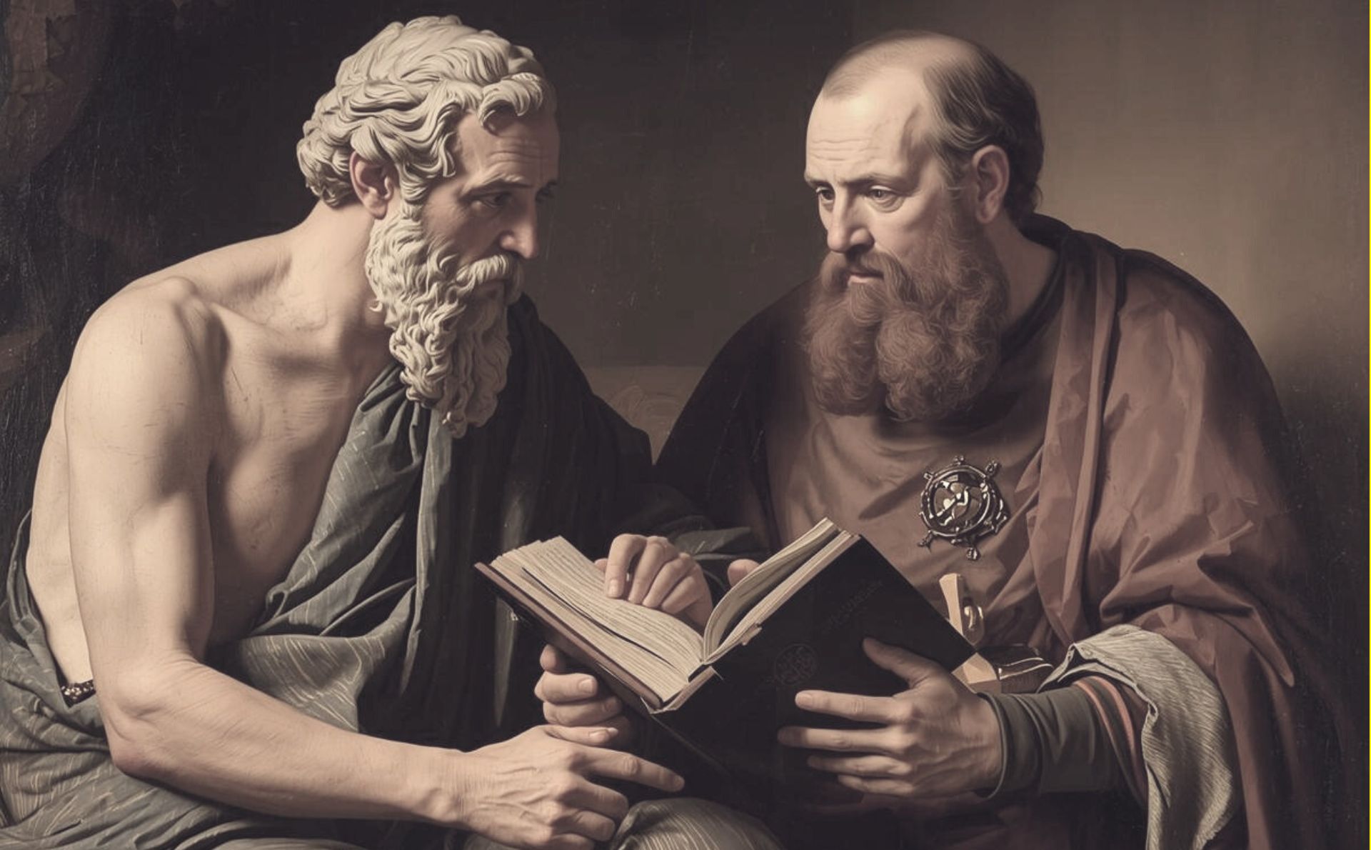 Platón y san Agustín son dos autores entre los que existen bastantes hilos de continuidad, pero también importantes diferencias. La imagen está generada por Canva Pro y muestra el encuentro ficticio entre los dos filósofos, que no pudo darse porque vivieron con una diferencia de varios siglos.