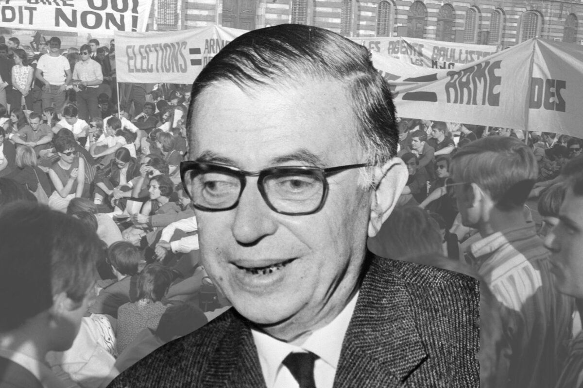 Sartre fue una de las referencias clave de la movilización francesa de Mayo del 68. Diseño a partir de imagen de Sartre y de asamblea en Mayo del 68, ambas de dominio público y extraídas de Wikimedia Commons.