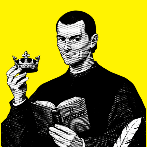 Diseño de Maquiavelo realizado a partir de una ilustración de Sora y CanvaPro (licencia CC).