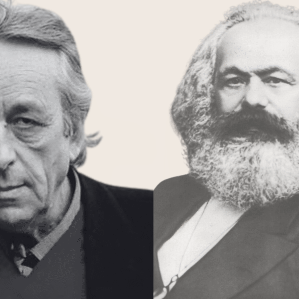 Althusser reinterpretó a Marx, desde su propia concepción, desde la convicción de que el marxismo es pensamiento vivo. Diseño a partir de imágenes libres de derechos, extraídas de Wikimedia Commons.