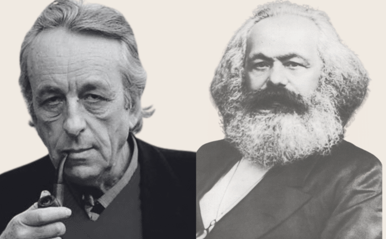 Althusser reinterpretó a Marx, desde su propia concepción, desde la convicción de que el marxismo es pensamiento vivo. Diseño a partir de imágenes libres de derechos, extraídas de Wikimedia Commons.