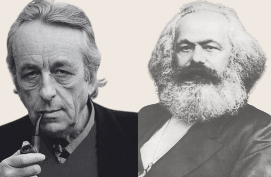 Althusser reinterpretó a Marx, desde su propia concepción, desde la convicción de que el marxismo es pensamiento vivo. Diseño a partir de imágenes libres de derechos, extraídas de Wikimedia Commons.