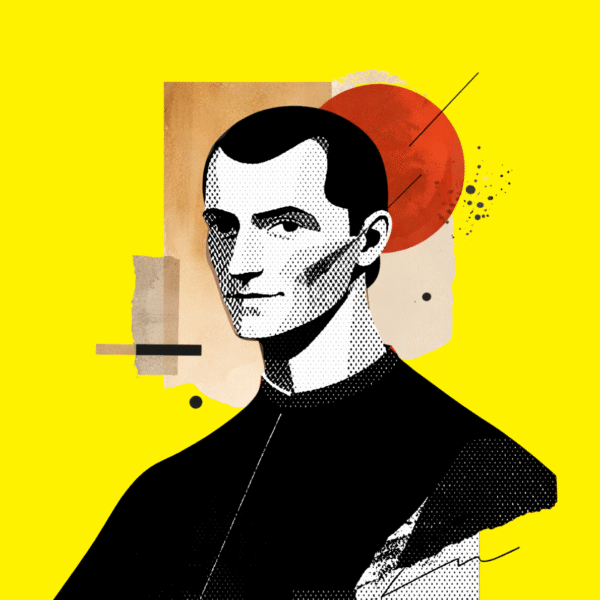 Diseño realizado a partir de la ilustración de Maquiavelo realizada con Sora (licencia CC).