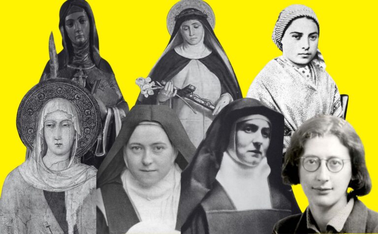 El pensamiento de las místicas sigue siendo hoy de una enorme relevancia. Diseño a partir de las siguientes fuentes: Imágenes de estatua de Hildegarda de Bingen (licencia CC BY-SA 3.0), cuadro de Clara de Asís (de dominio público), cuadro de Catalina de Siena (de dominio público), fotografía de Bernardita Soubirous (de dominio público), imagen de Teresa de Lisieux (de dominio público), fotografía de pasaporte de Edith Stein (de dominio público) y fotografía de Simone Weil (de dominio público). Todas extraídas de Wikimedia Commons.