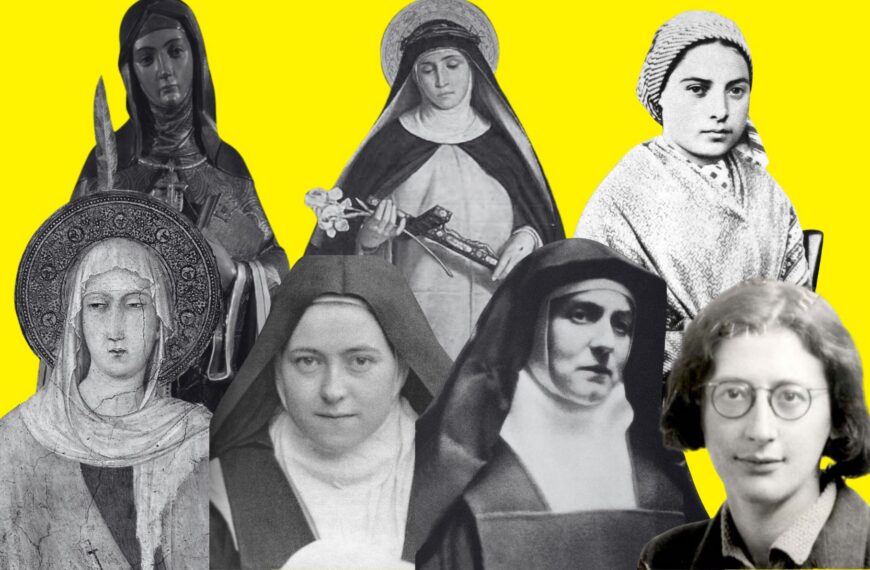 El pensamiento de las místicas sigue siendo hoy de una enorme relevancia. Diseño a partir de las siguientes fuentes: Imágenes de estatua de Hildegarda de Bingen (licencia CC BY-SA 3.0), cuadro de Clara de Asís (de dominio público), cuadro de Catalina de Siena (de dominio público), fotografía de Bernardita Soubirous (de dominio público), imagen de Teresa de Lisieux (de dominio público), fotografía de pasaporte de Edith Stein (de dominio público) y fotografía de Simone Weil (de dominio público). Todas extraídas de Wikimedia Commons.