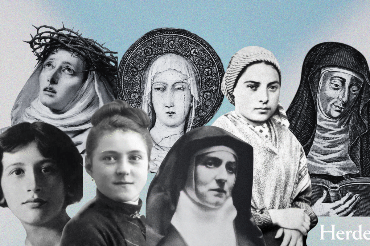 El pensamiento de las místicas sigue siendo hoy de una enorme relevancia. Diseño a partir de imágenes de Hildegarda de Bingen, Clara de Asís, Catalina de Siena, Bernardita Soubirous, Teresa de Lisieux, Edith Stein y fotografía de Simone Weil. Todas de dominio público y extraídas de Wikimedia Commons.