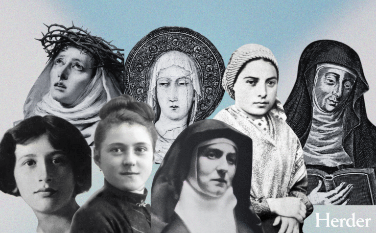 El pensamiento de las místicas sigue siendo hoy de una enorme relevancia. Diseño a partir de imágenes de Hildegarda de Bingen, Clara de Asís, Catalina de Siena, Bernardita Soubirous, Teresa de Lisieux, Edith Stein y fotografía de Simone Weil. Todas de dominio público y extraídas de Wikimedia Commons.
