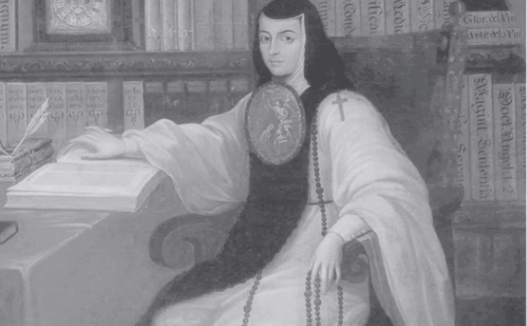 Diseño realizado a partir del retrato de Sor Juana Inés de la Cruz (aprox 1750) realizado por Miguel Cabrera (licencia CC).
