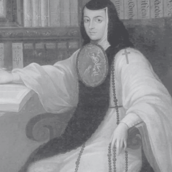 Diseño realizado a partir del retrato de Sor Juana Inés de la Cruz (aprox 1750) realizado por Miguel Cabrera (licencia CC).