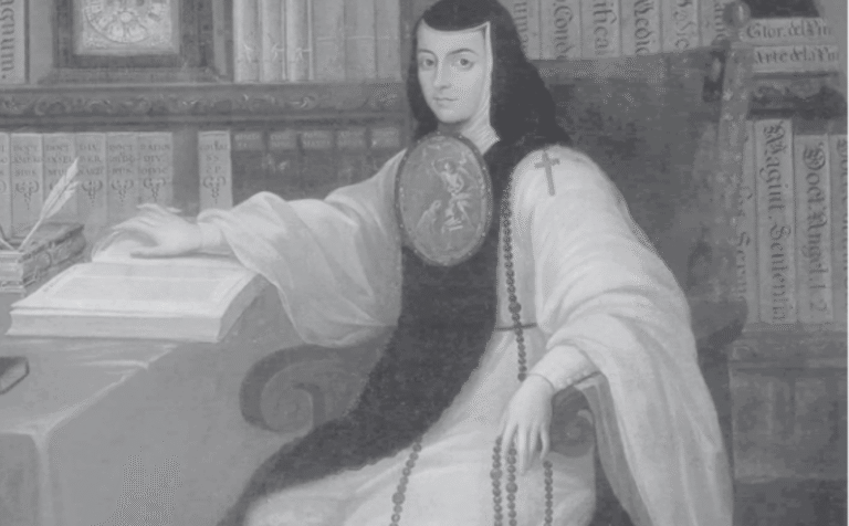 Diseño realizado a partir del retrato de Sor Juana Inés de la Cruz (aprox 1750) realizado por Miguel Cabrera (licencia CC).
