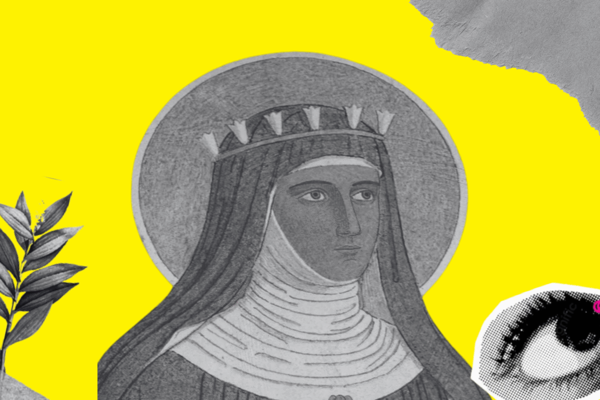 Diseño realizado a partir del retrato de la mística Hildegarda de Bingen (extraído del mural al fresco y mosaico diseñado por el monje benedictino alemán Padre Paulus Krebs) y elementos de Freepiks (licencia CC).