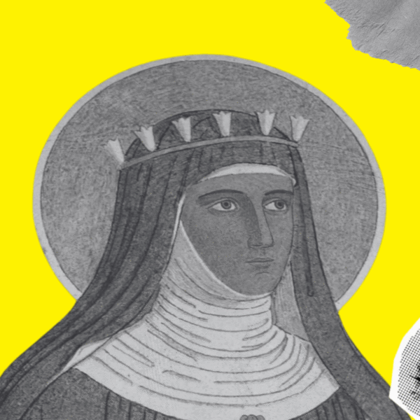 Diseño realizado a partir del retrato de la mística Hildegarda de Bingen (extraído del mural al fresco y mosaico diseñado por el monje benedictino alemán Padre Paulus Krebs) y elementos de Freepiks (licencia CC).