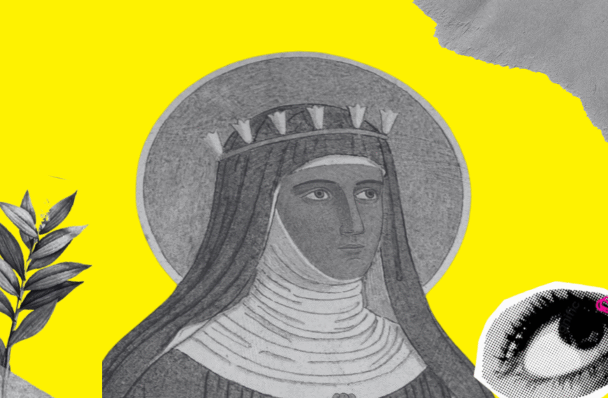 Diseño realizado a partir del retrato de la mística Hildegarda de Bingen (extraído del mural al fresco y mosaico diseñado por el monje benedictino alemán Padre Paulus Krebs) y elementos de Freepiks (licencia CC).