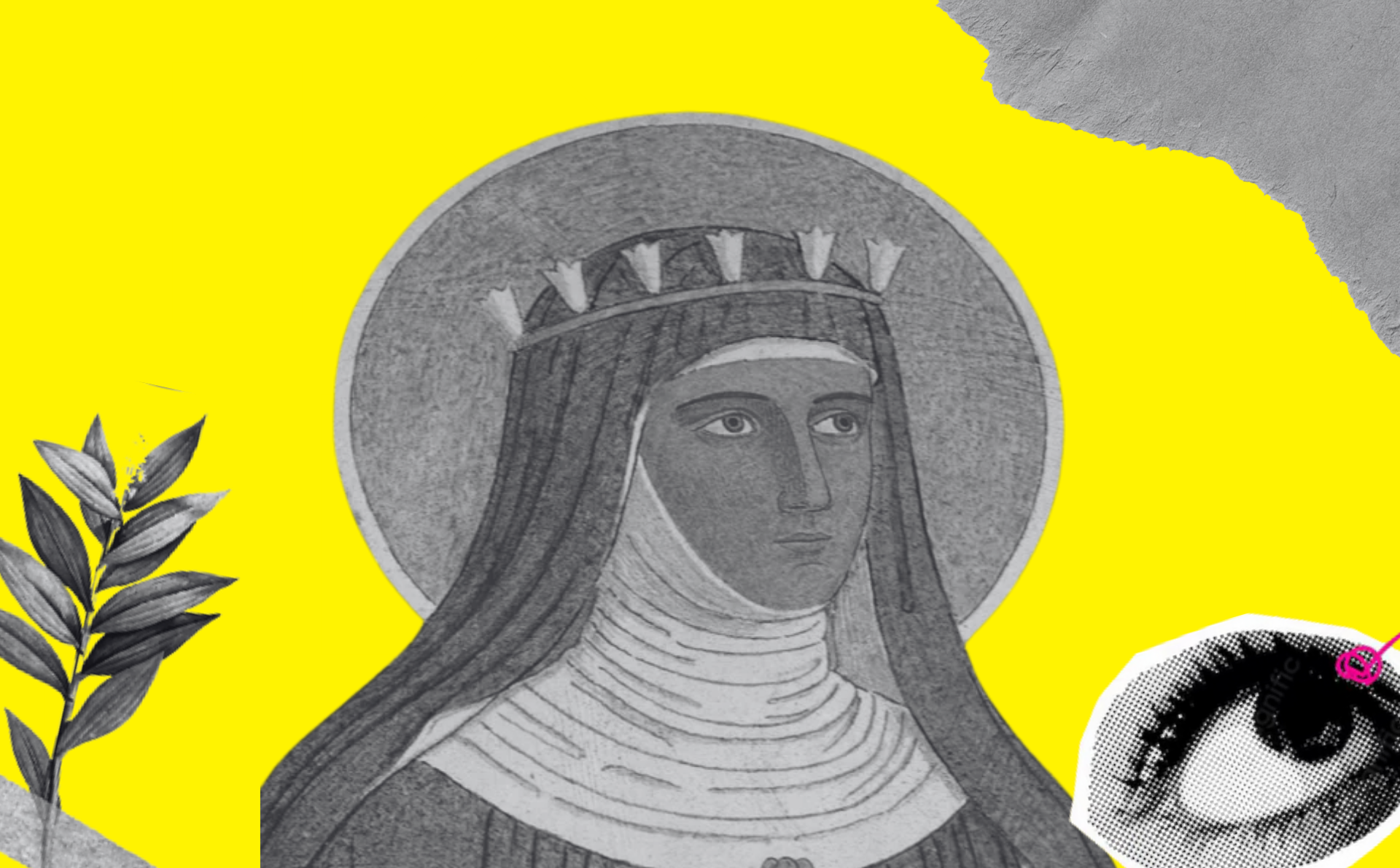 Diseño realizado a partir del retrato de la mÃstica Hildegarda de Bingen (extraÃdo del mural al fresco y mosaico diseñado por el monje benedictino alemán Padre Paulus Krebs) y elementos de Freepiks (licencia CC).